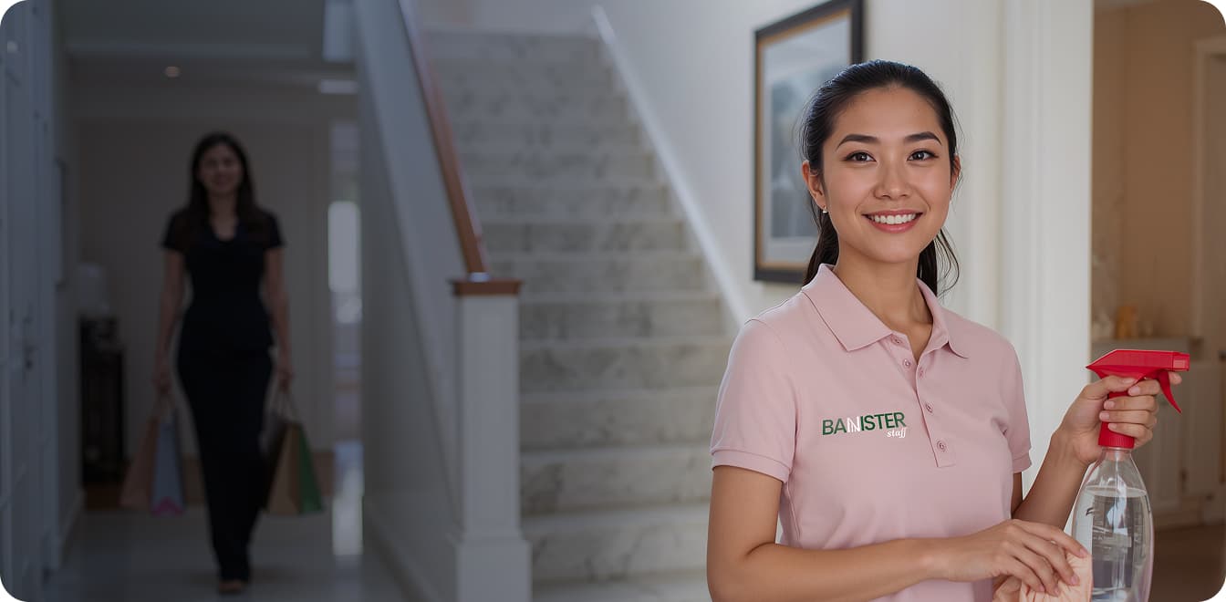 A woman in the kitchen using banister services